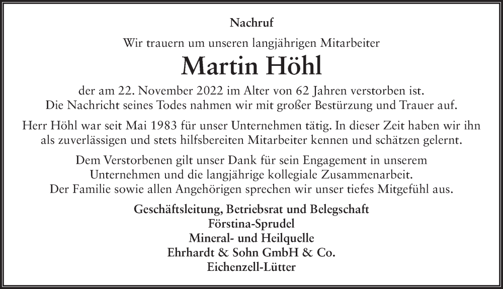  Traueranzeige für Martin Höhl vom 30.11.2022 aus FZ