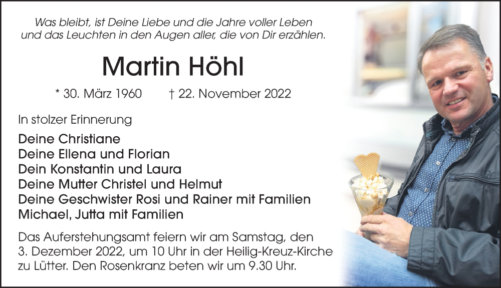  Traueranzeige für Martin Höhl vom 30.11.2022 aus FZ