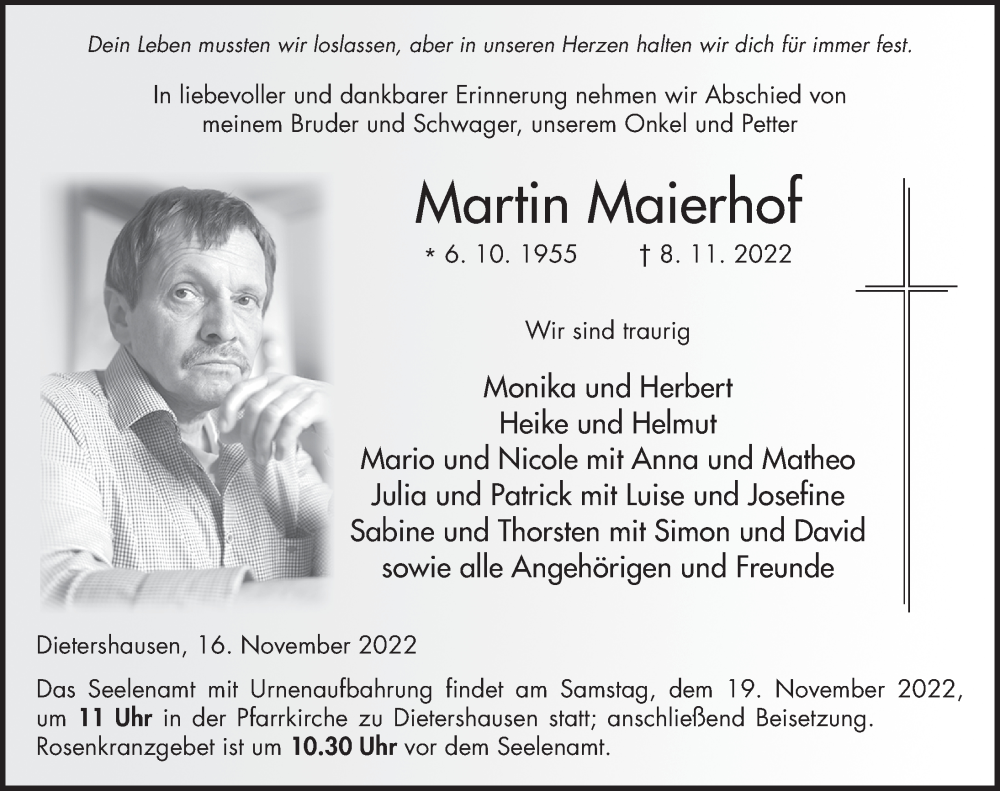  Traueranzeige für Martin Maierhof vom 16.11.2022 aus FZ