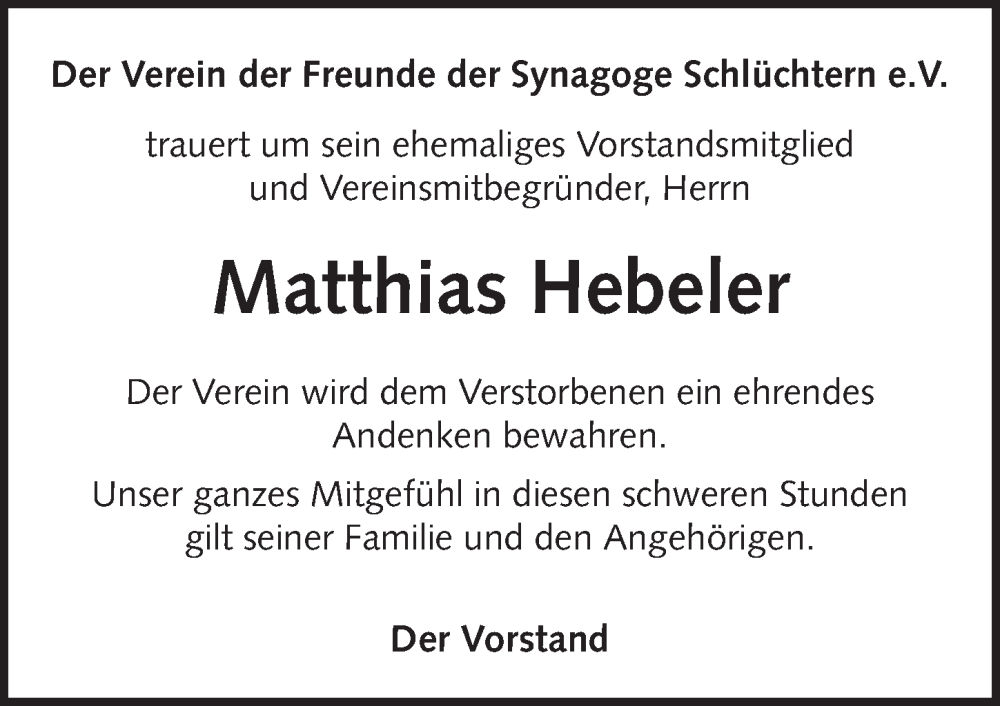  Traueranzeige für Matthias Hebeler vom 19.11.2022 aus FZ