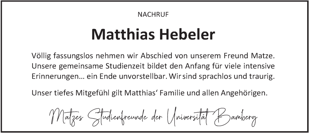  Traueranzeige für Matthias Hebeler vom 24.11.2022 aus FZ