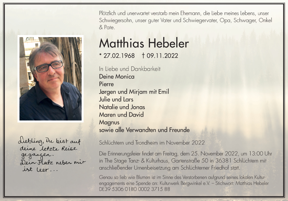  Traueranzeige für Matthias Hebeler vom 19.11.2022 aus FZ