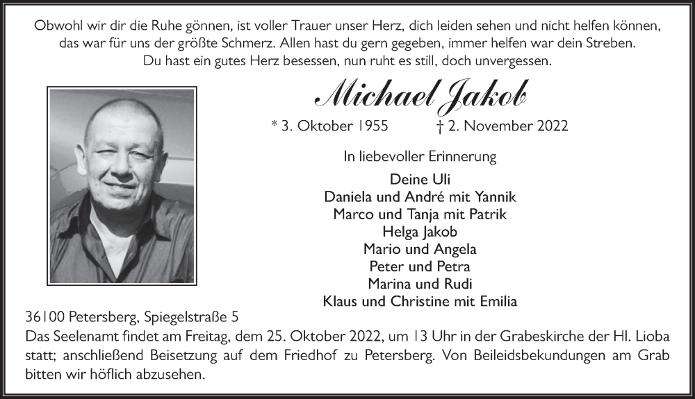  Traueranzeige für Michael Jakob vom 18.11.2022 aus FZ