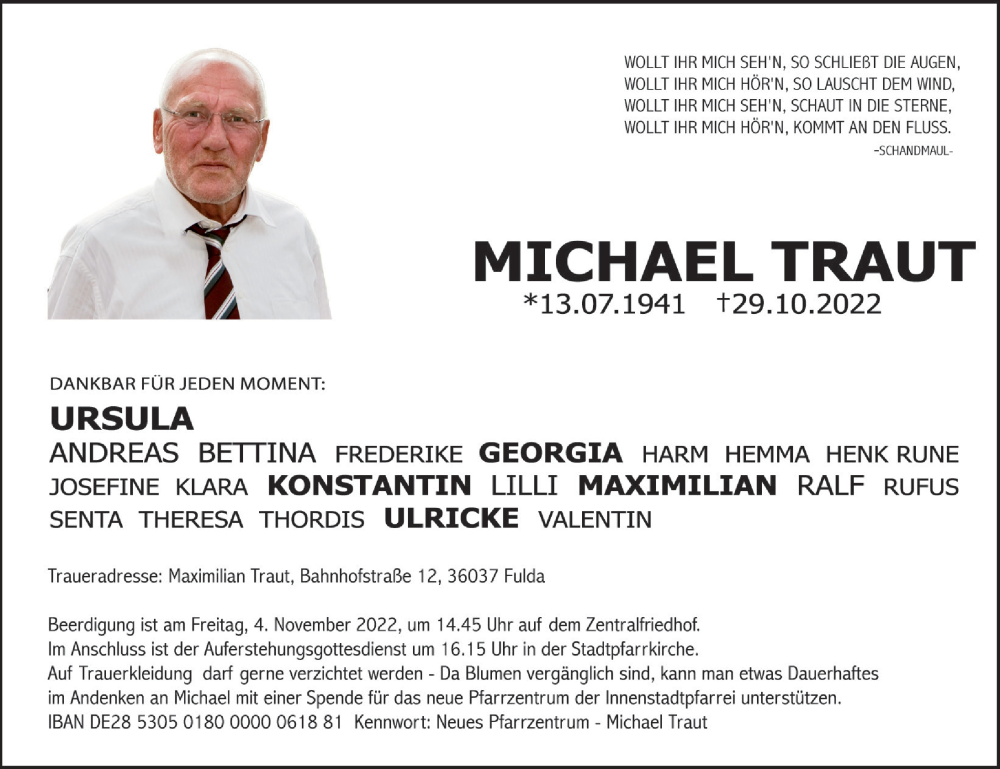  Traueranzeige für Michael Traut vom 02.11.2022 aus FZ