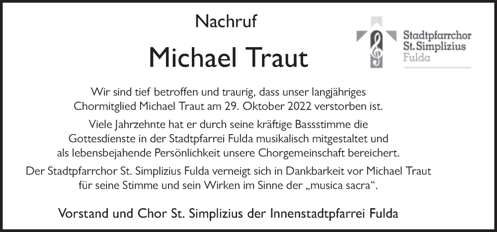  Traueranzeige für Michael Traut vom 05.11.2022 aus FZ