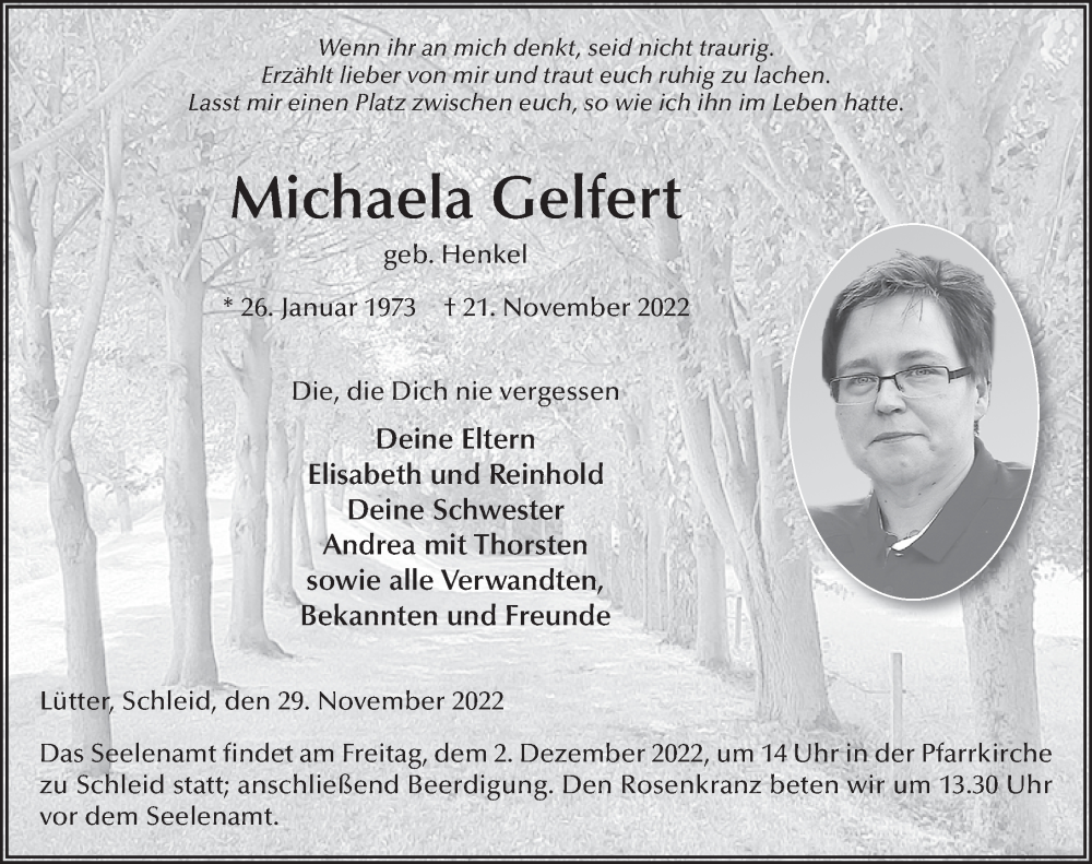  Traueranzeige für Michaela Gelfert vom 29.11.2022 aus FZ