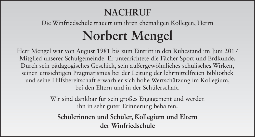  Traueranzeige für Norbert Mengel vom 02.11.2022 aus FZ