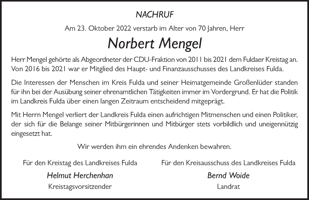  Traueranzeige für Norbert Mengel vom 02.11.2022 aus FZ
