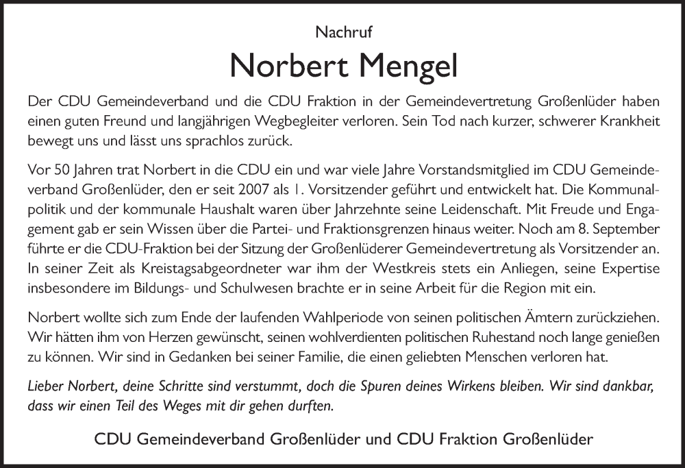  Traueranzeige für Norbert Mengel vom 02.11.2022 aus FZ