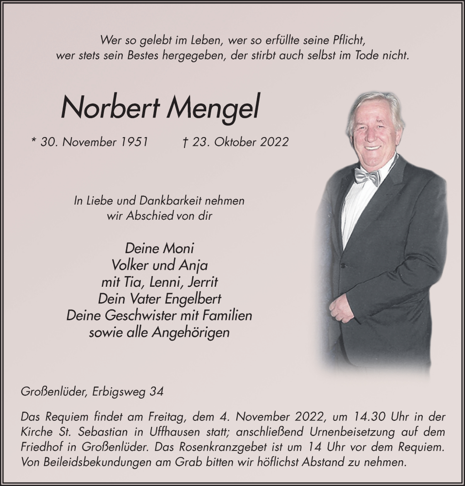  Traueranzeige für Norbert Mengel vom 02.11.2022 aus FZ