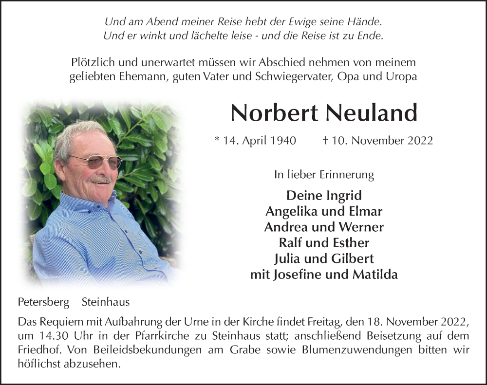  Traueranzeige für Norbert Neuland vom 15.11.2022 aus FZ