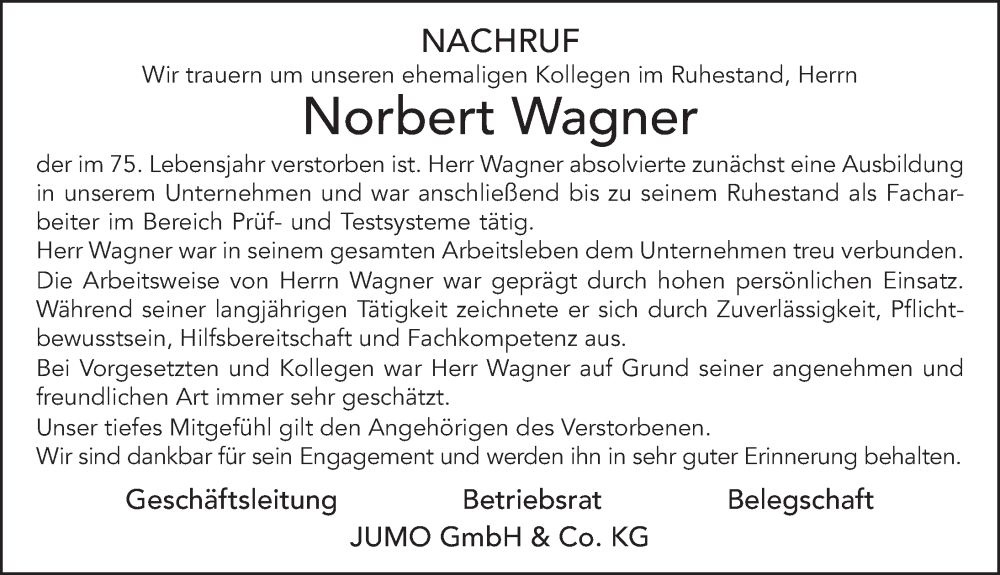  Traueranzeige für Norbert Wagner vom 19.11.2022 aus FZ