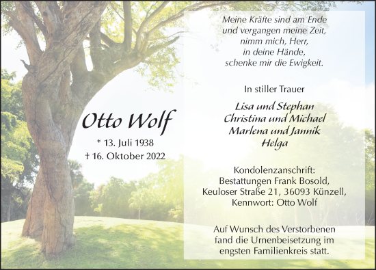 Traueranzeige von Otto Wolf von FZ