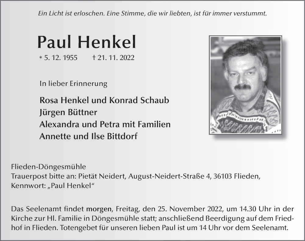  Traueranzeige für Paul Henkel vom 24.11.2022 aus FZ