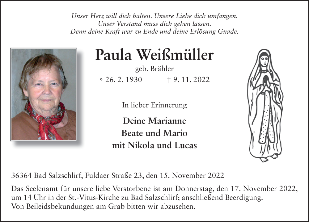  Traueranzeige für Paula Weißmüller vom 15.11.2022 aus FZ