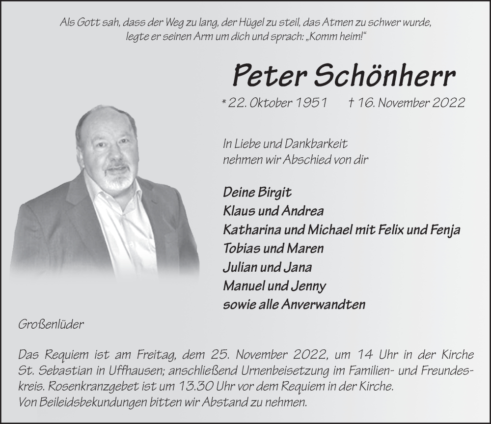 Traueranzeige für Peter Schönherr vom 23.11.2022 aus FZ