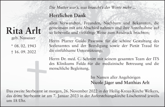 Traueranzeige von Rita Arlt von FZ