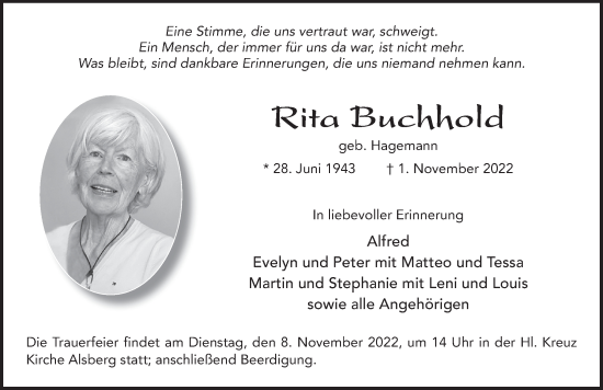 Traueranzeige von Rita Buchhold von FZ