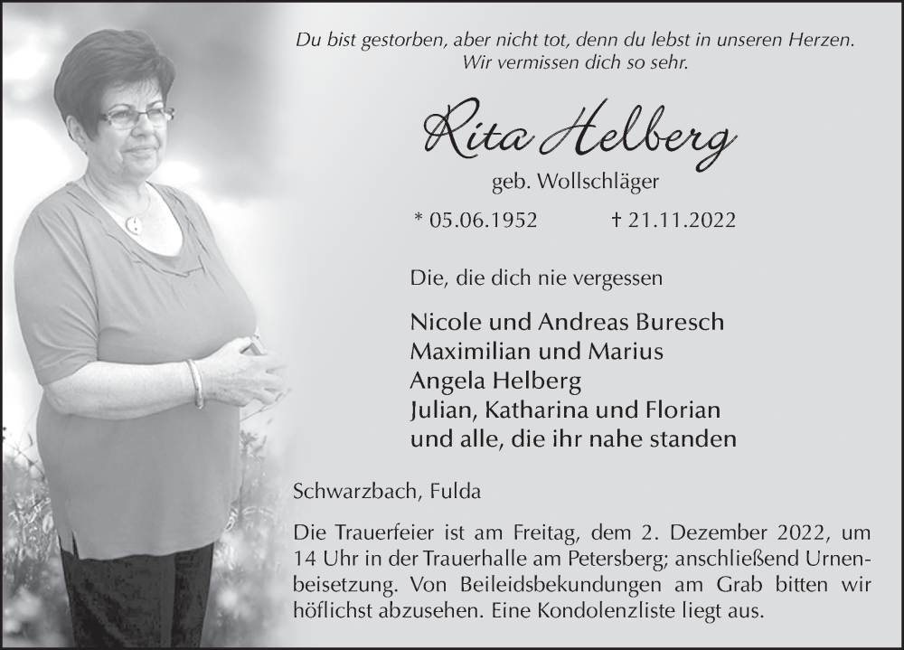  Traueranzeige für Rita Helberg vom 29.11.2022 aus FZ