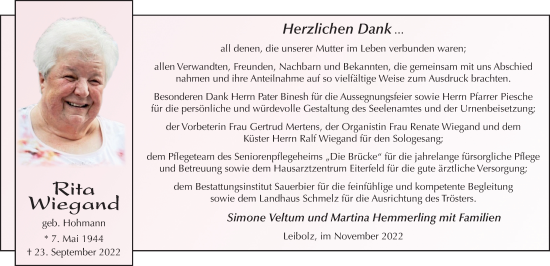 Traueranzeige von Rita Wiegand von FZ