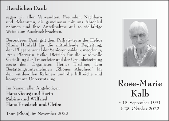 Traueranzeige von Rose-Marie Kalb von FZ