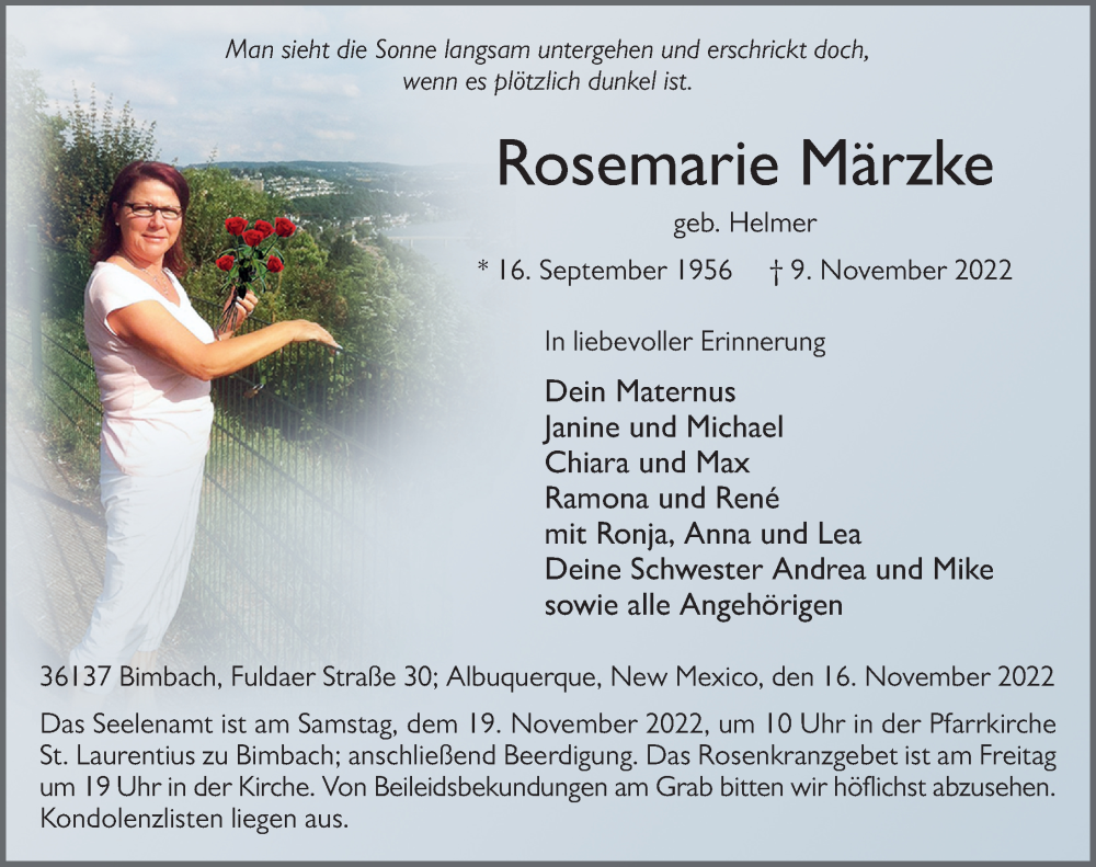  Traueranzeige für Rosemarie Märzke vom 16.11.2022 aus FZ