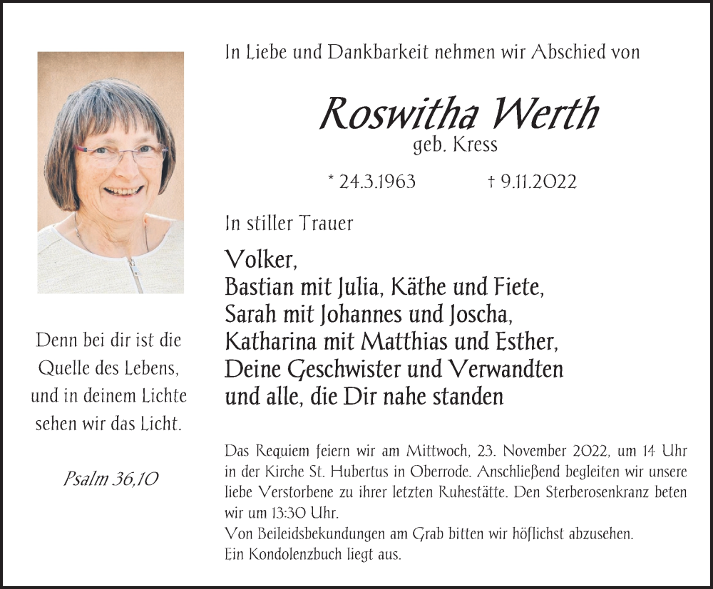  Traueranzeige für Roswitha Werth vom 19.11.2022 aus FZ
