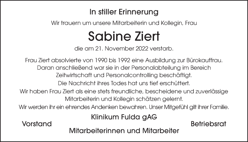  Traueranzeige für Sabine Ziert vom 24.11.2022 aus FZ