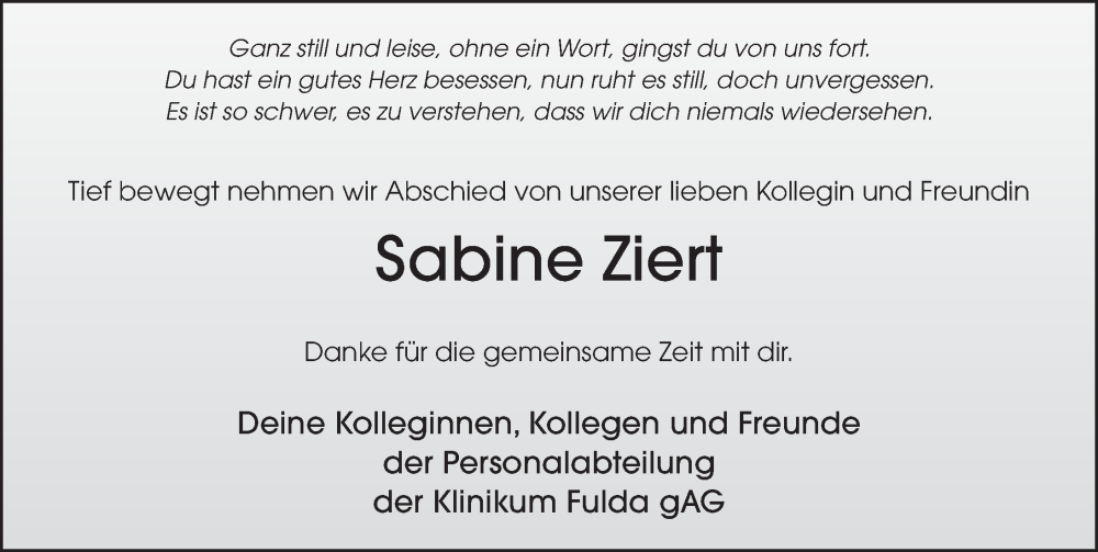  Traueranzeige für Sabine Ziert vom 25.11.2022 aus FZ