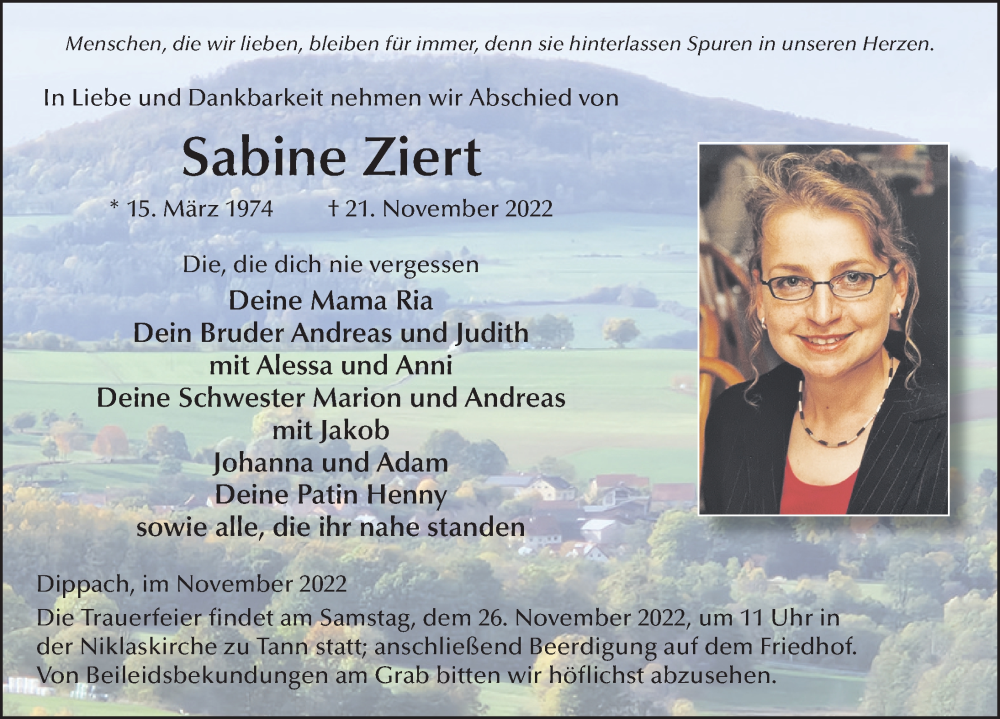  Traueranzeige für Sabine Ziert vom 24.11.2022 aus FZ