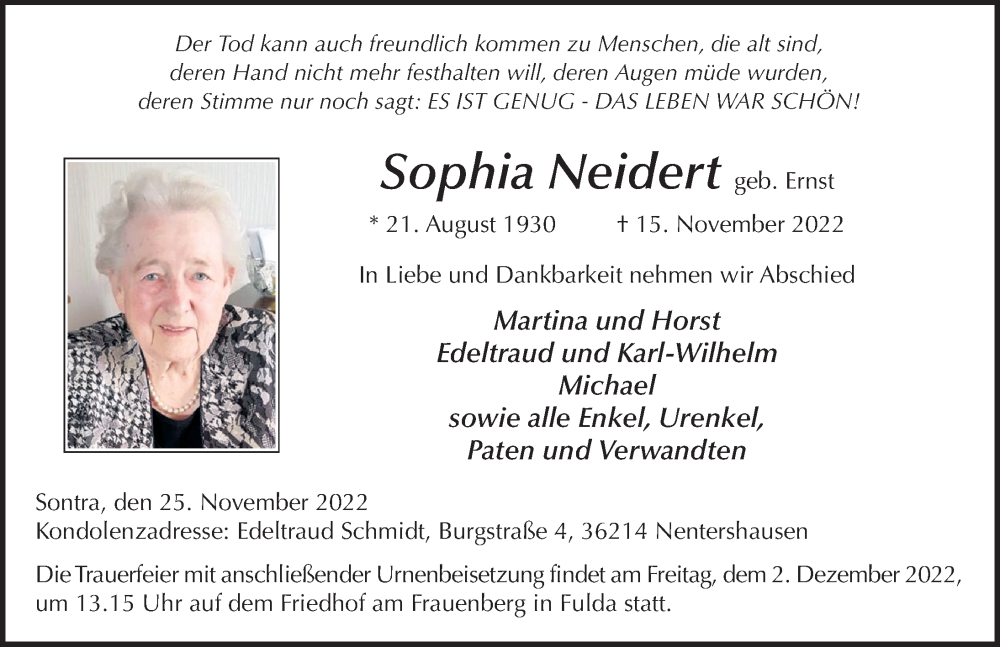  Traueranzeige für Sophia Neidert vom 25.11.2022 aus FZ