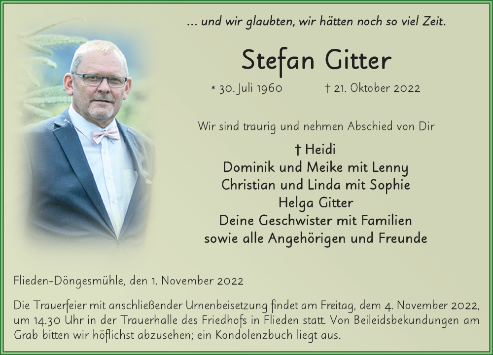  Traueranzeige für Stefan Gitter vom 01.11.2022 aus FZ