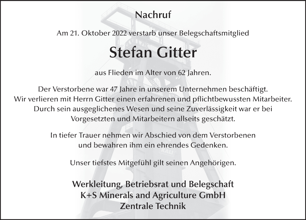  Traueranzeige für Stefan Gitter vom 01.11.2022 aus FZ