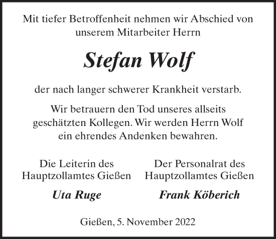 Traueranzeige von Stefan Wolf von FZ