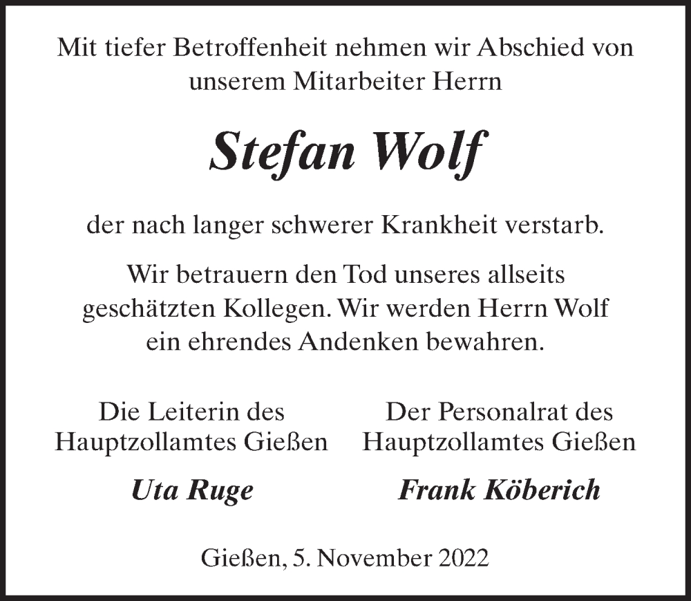  Traueranzeige für Stefan Wolf vom 05.11.2022 aus FZ