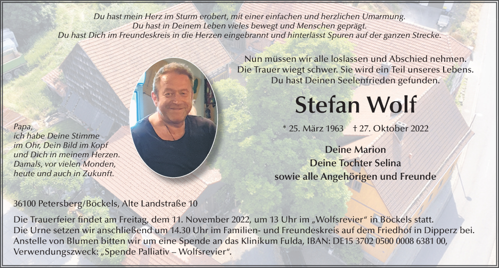  Traueranzeige für Stefan Wolf vom 05.11.2022 aus FZ