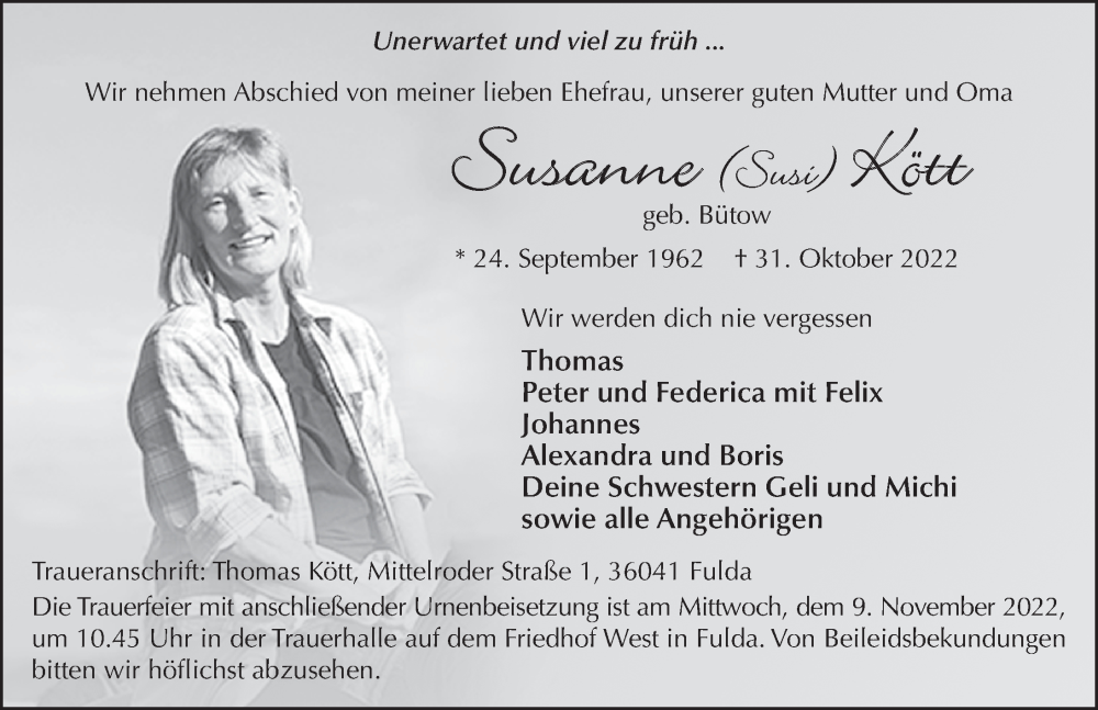  Traueranzeige für Susanne Kött vom 07.11.2022 aus FZ