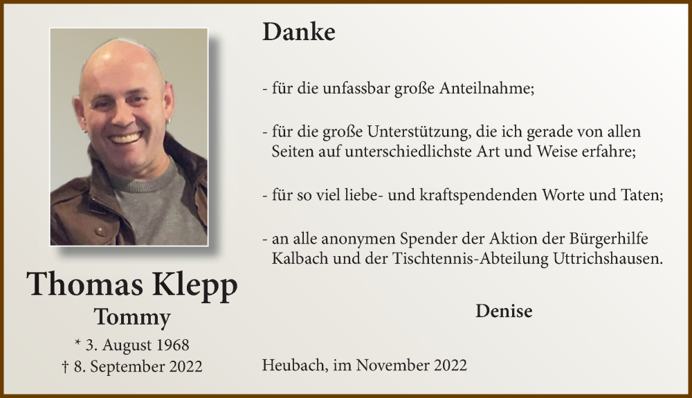  Traueranzeige für Thomas Klepp vom 18.11.2022 aus FZ