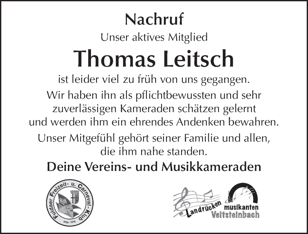  Traueranzeige für Thomas Leitsch vom 07.11.2022 aus FZ
