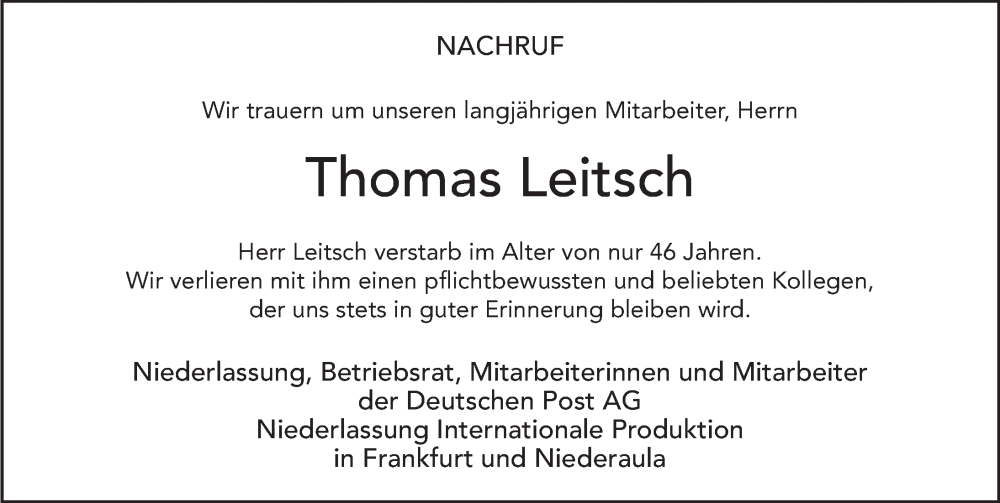  Traueranzeige für Thomas Leitsch vom 11.11.2022 aus FZ