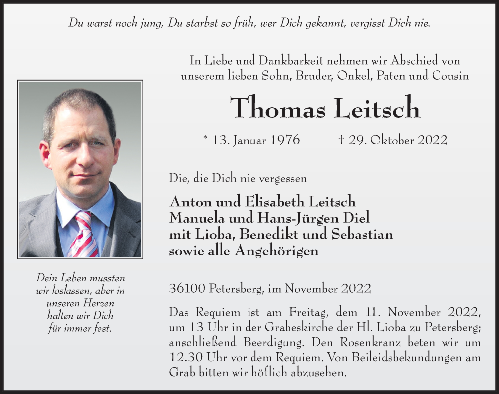  Traueranzeige für Thomas Leitsch vom 07.11.2022 aus FZ