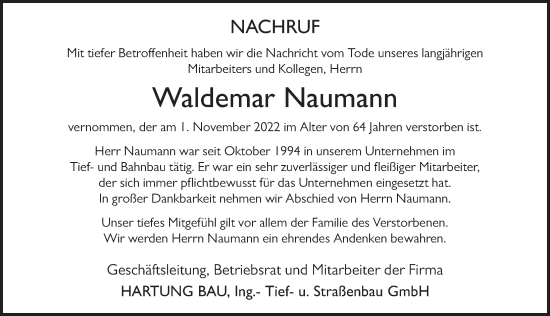 Traueranzeige von Waldemar Naumann von FZ