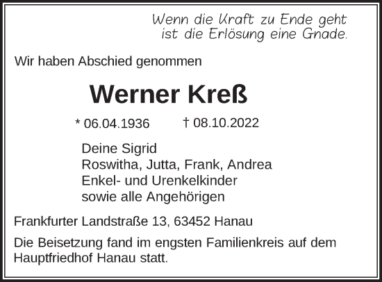 Traueranzeige von Werner Kreß von FZ