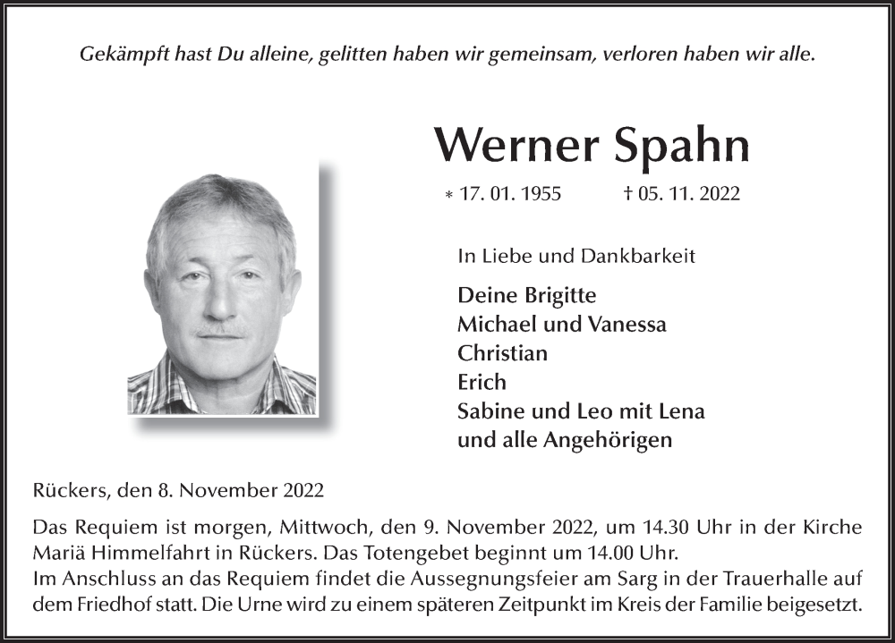  Traueranzeige für Werner Spahn vom 08.11.2022 aus FZ