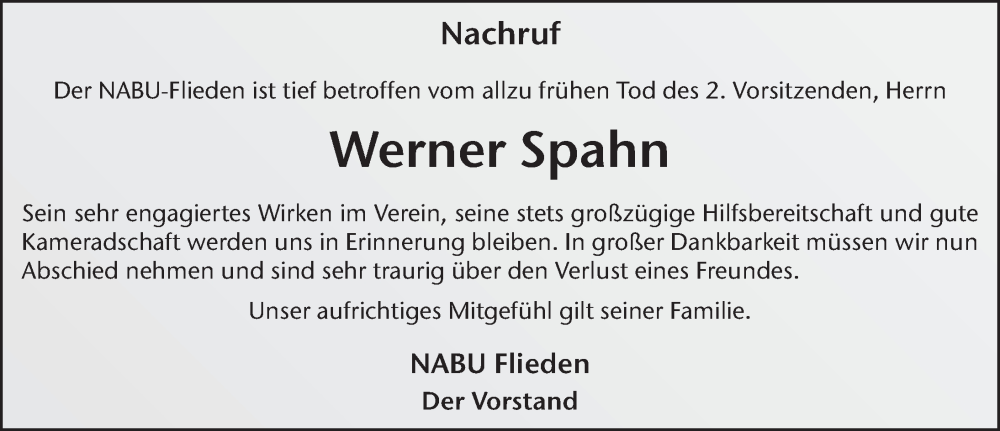  Traueranzeige für Werner Spahn vom 19.11.2022 aus FZ