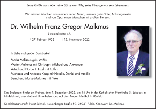 Traueranzeige von Wilhelm Franz Gregor Malkmus von FZ