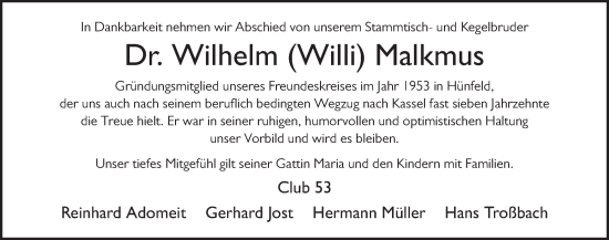 Traueranzeige von Wilhelm Franz Gregor Malkmus von FZ