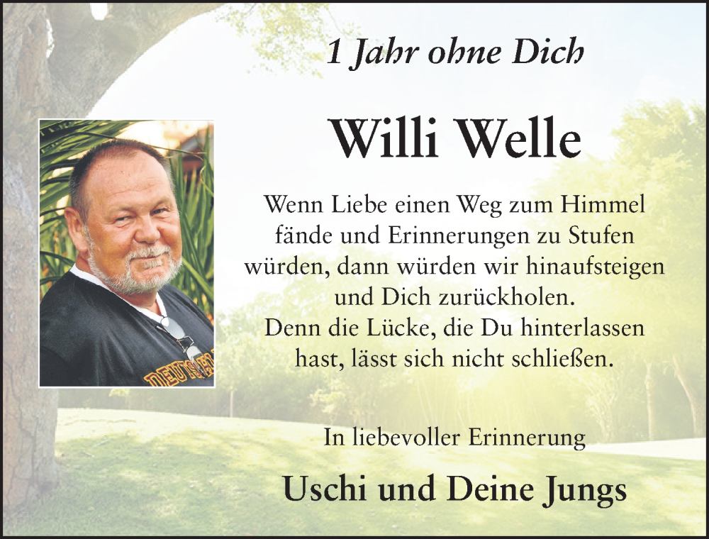  Traueranzeige für Willi Welle vom 05.11.2022 aus FZ