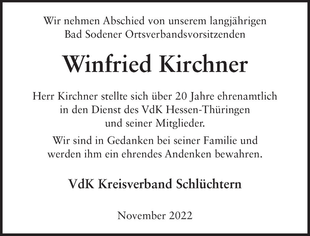  Traueranzeige für Winfried Kirchner vom 17.11.2022 aus FZ