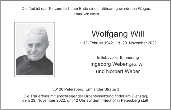 Traueranzeige von Wolfgang Will von FZ